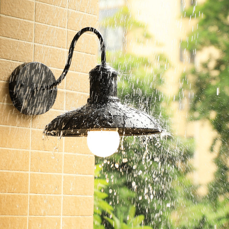 Barn Shade Outdoor Wall Lamp Industrial Metal 1 Bulb Gooseneck Wall Light Fixture Clearhalo 'Art deco wall lights' 'Cast Iron' 'Glass' 'Industrial wall lights' 'Industrial' 'Middle century wall lights' 'Modern' 'Rustic wall lights' 'Tiffany' 'Traditional wall lights' 'Wall Lamps & Sconces' 'Wall Lights' Lighting' 2408494