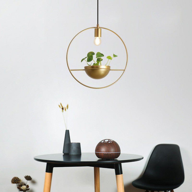Gold Loop and Dome Pendant Lamp Industrial Metal 1-Head Dining Room Suspension Light with Artificial Lysimachia Clearhalo 'Art Deco Pendants' 'Cast Iron' 'Ceiling Lights' 'Ceramic' 'Crystal' 'Industrial Pendants' 'Industrial' 'Metal' 'Middle Century Pendants' 'Pendant Lights' 'Pendants' 'Tiffany' Lighting' 2408527