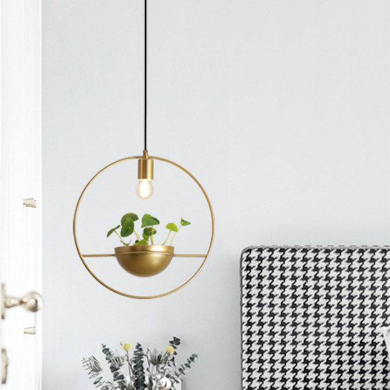 Gold Loop and Dome Pendant Lamp Industrial Metal 1-Head Dining Room Suspension Light with Artificial Lysimachia Clearhalo 'Art Deco Pendants' 'Cast Iron' 'Ceiling Lights' 'Ceramic' 'Crystal' 'Industrial Pendants' 'Industrial' 'Metal' 'Middle Century Pendants' 'Pendant Lights' 'Pendants' 'Tiffany' Lighting' 2408528