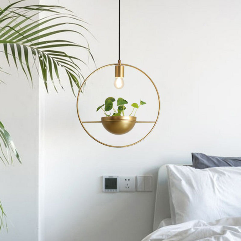 Gold Loop and Dome Pendant Lamp Industrial Metal 1-Head Dining Room Suspension Light with Artificial Lysimachia Clearhalo 'Art Deco Pendants' 'Cast Iron' 'Ceiling Lights' 'Ceramic' 'Crystal' 'Industrial Pendants' 'Industrial' 'Metal' 'Middle Century Pendants' 'Pendant Lights' 'Pendants' 'Tiffany' Lighting' 2408529