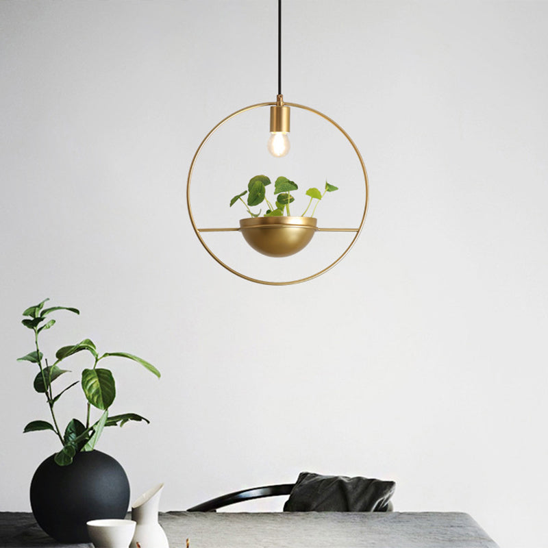 Gold Loop and Dome Pendant Lamp Industrial Metal 1-Head Dining Room Suspension Light with Artificial Lysimachia Clearhalo 'Art Deco Pendants' 'Cast Iron' 'Ceiling Lights' 'Ceramic' 'Crystal' 'Industrial Pendants' 'Industrial' 'Metal' 'Middle Century Pendants' 'Pendant Lights' 'Pendants' 'Tiffany' Lighting' 2408530