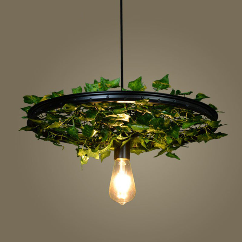 Industrial Wagon Wheel Pendant Light Single-Bulb Iron Suspension Light Fixture with Art Plant Black 15" Clearhalo 'Art Deco Pendants' 'Black' 'Cast Iron' 'Ceiling Lights' 'Ceramic' 'Crystal' 'Industrial Pendants' 'Industrial' 'Metal' 'Middle Century Pendants' 'Pendant Lights' 'Pendants' 'Rustic Pendants' 'Tiffany' Lighting' 2408542