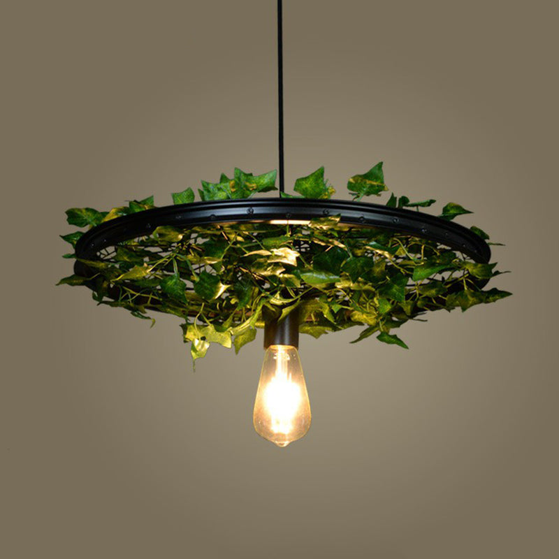 Industrial Wagon Wheel Pendant Light Single-Bulb Iron Suspension Light Fixture with Art Plant Black 19" Clearhalo 'Art Deco Pendants' 'Black' 'Cast Iron' 'Ceiling Lights' 'Ceramic' 'Crystal' 'Industrial Pendants' 'Industrial' 'Metal' 'Middle Century Pendants' 'Pendant Lights' 'Pendants' 'Rustic Pendants' 'Tiffany' Lighting' 2408543