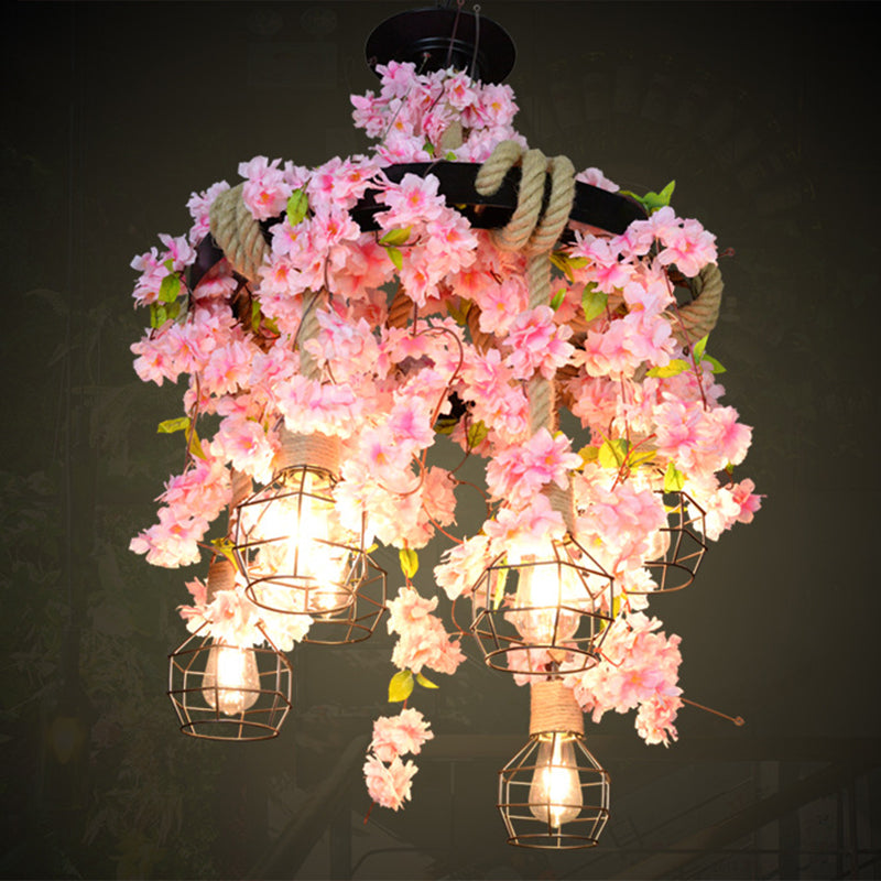 Iron Wire Cage Chandelier Vintage Cafe Pendant Light with Hemp Rope and Fake Plant Clearhalo 'Art Deco Pendants' 'Cast Iron' 'Ceiling Lights' 'Ceramic' 'Crystal' 'Industrial Pendants' 'Industrial' 'Metal' 'Middle Century Pendants' 'Pendant Lights' 'Pendants' 'Tiffany' Lighting' 2408553