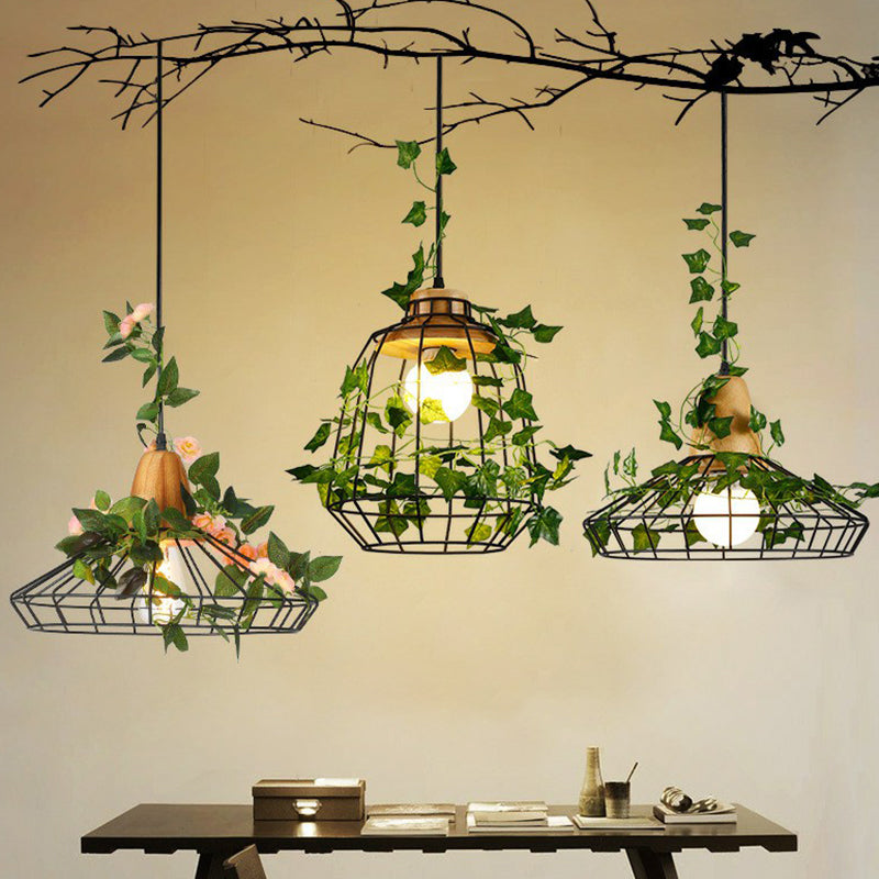 Farmhouse Wire Cage Suspension Lighting 1-Bulb Iron Ceiling Pendant with Wood Socket Clearhalo 'Art Deco Pendants' 'Black' 'Cast Iron' 'Ceiling Lights' 'Ceramic' 'Crystal' 'Industrial Pendants' 'Industrial' 'Metal' 'Middle Century Pendants' 'Pendant Lights' 'Pendants' 'Rustic Pendants' 'Tiffany' Lighting' 2408591