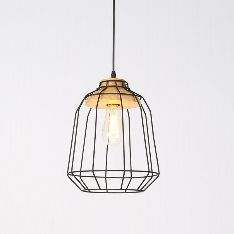 Farmhouse Wire Cage Suspension Lighting 1-Bulb Iron Ceiling Pendant with Wood Socket Black Birdcage Clearhalo 'Art Deco Pendants' 'Black' 'Cast Iron' 'Ceiling Lights' 'Ceramic' 'Crystal' 'Industrial Pendants' 'Industrial' 'Metal' 'Middle Century Pendants' 'Pendant Lights' 'Pendants' 'Rustic Pendants' 'Tiffany' Lighting' 2408593