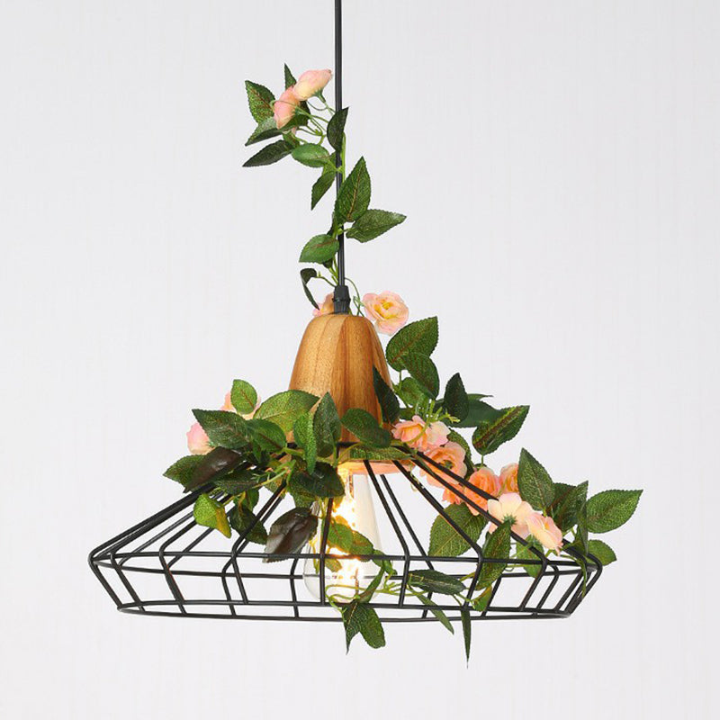 Farmhouse Wire Cage Suspension Lighting 1-Bulb Iron Ceiling Pendant with Wood Socket Pink Wide Flare Clearhalo 'Art Deco Pendants' 'Black' 'Cast Iron' 'Ceiling Lights' 'Ceramic' 'Crystal' 'Industrial Pendants' 'Industrial' 'Metal' 'Middle Century Pendants' 'Pendant Lights' 'Pendants' 'Rustic Pendants' 'Tiffany' Lighting' 2408594