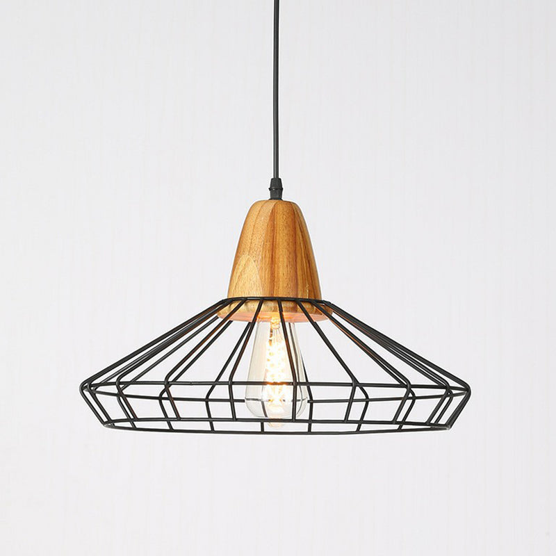 Farmhouse Wire Cage Suspension Lighting 1-Bulb Iron Ceiling Pendant with Wood Socket Black Wide Flare Clearhalo 'Art Deco Pendants' 'Black' 'Cast Iron' 'Ceiling Lights' 'Ceramic' 'Crystal' 'Industrial Pendants' 'Industrial' 'Metal' 'Middle Century Pendants' 'Pendant Lights' 'Pendants' 'Rustic Pendants' 'Tiffany' Lighting' 2408598