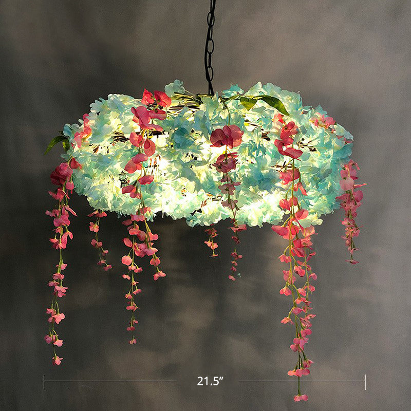 3-Bulb Round Hanging Lamp Loft Style Metal Pendant Light Fixture with Fake Flowers for Restaurant Blue 21.5" Clearhalo 'Cast Iron' 'Ceiling Lights' 'Chandeliers' 'Industrial Chandeliers' 'Industrial' 'Metal' 'Middle Century Chandeliers' 'Rustic Chandeliers' 'Tiffany' Lighting' 2408631