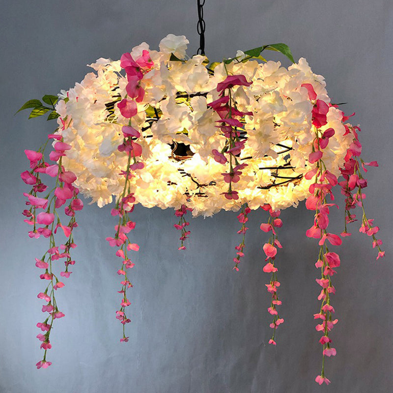 3-Bulb Round Hanging Lamp Loft Style Metal Pendant Light Fixture with Fake Flowers for Restaurant White 25.5" Clearhalo 'Cast Iron' 'Ceiling Lights' 'Chandeliers' 'Industrial Chandeliers' 'Industrial' 'Metal' 'Middle Century Chandeliers' 'Rustic Chandeliers' 'Tiffany' Lighting' 2408635