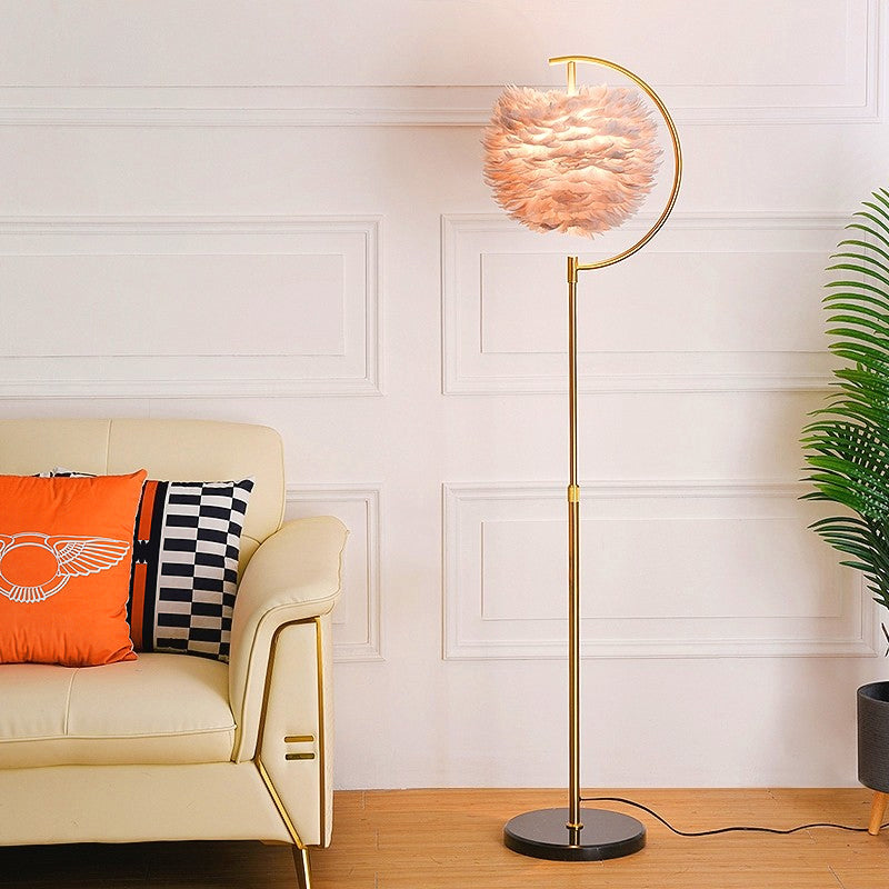 Feather Ball Shade Standing Light Nordic 1 Bulb Adjustable Floor Lamp with Wooden Tray Clearhalo 'Floor Lamps' 'Lamps' Lighting' 2408655