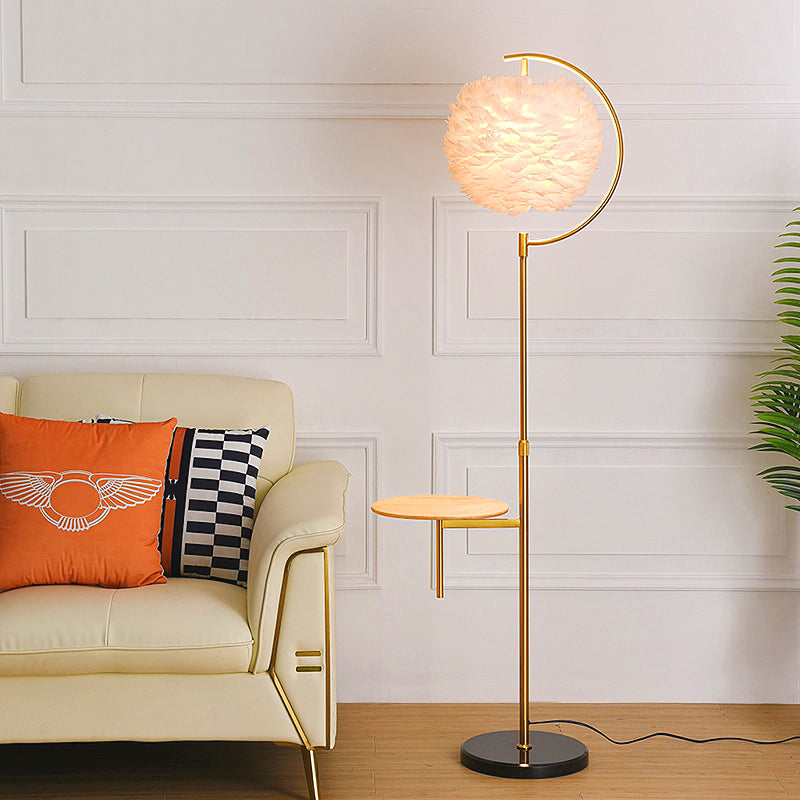 Feather Ball Shade Standing Light Nordic 1 Bulb Adjustable Floor Lamp with Wooden Tray Clearhalo 'Floor Lamps' 'Lamps' Lighting' 2408657