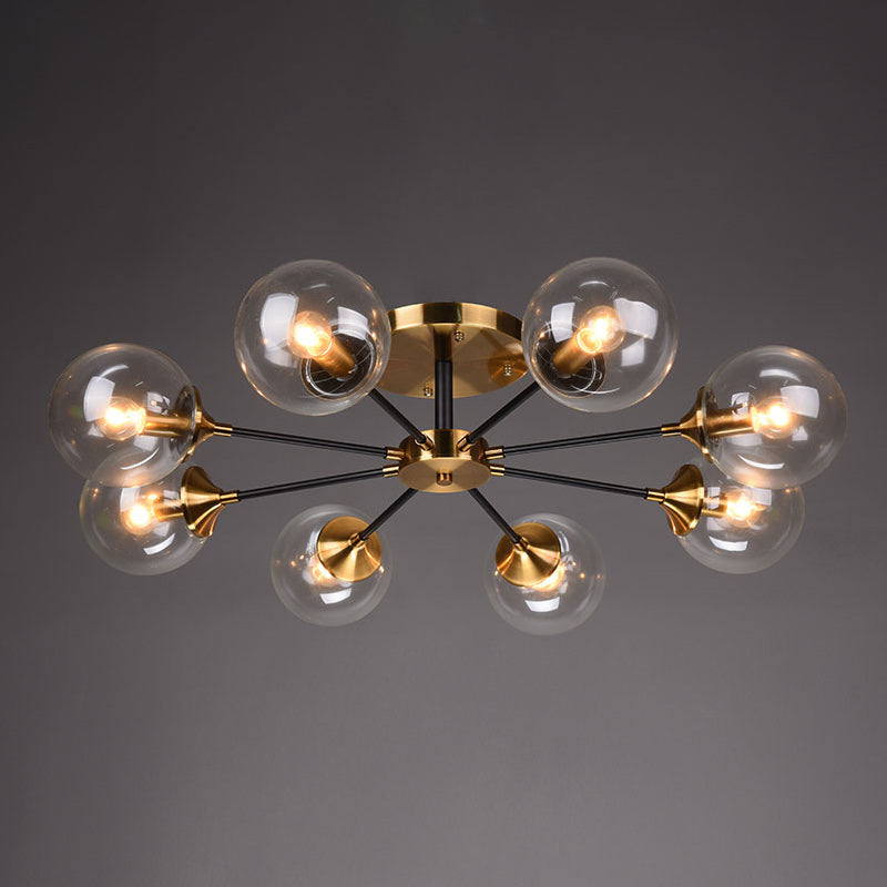 Burst Design Living Room Flushmount Ball Glass Postmodern Semi Flush Mount Light in Brass 8 Clear Clearhalo 'Ceiling Lights' 'Close To Ceiling Lights' 'Close to ceiling' 'Semi-flushmount' Lighting' 2408733