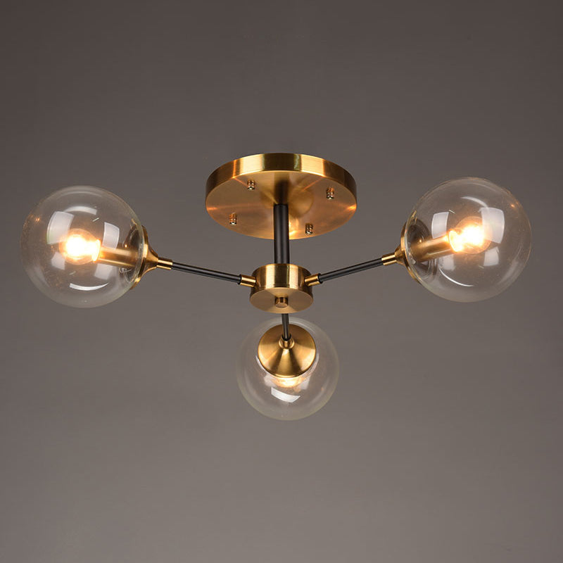 Burst Design Living Room Flushmount Ball Glass Postmodern Semi Flush Mount Light in Brass 3 Clear Clearhalo 'Ceiling Lights' 'Close To Ceiling Lights' 'Close to ceiling' 'Semi-flushmount' Lighting' 2408734