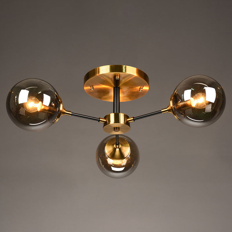 Burst Design Living Room Flushmount Ball Glass Postmodern Semi Flush Mount Light in Brass 3 Smoke Gray Clearhalo 'Ceiling Lights' 'Close To Ceiling Lights' 'Close to ceiling' 'Semi-flushmount' Lighting' 2408737