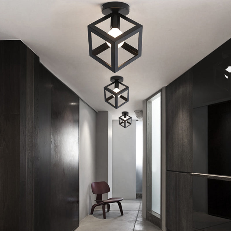 Black Caged Semi Flush Ceiling Light Industrial Iron 1-Light Corridor Flush Mount Light Black Square Clearhalo 'Ceiling Lights' 'Close To Ceiling Lights' 'Close to ceiling' 'Semi-flushmount' Lighting' 2409083