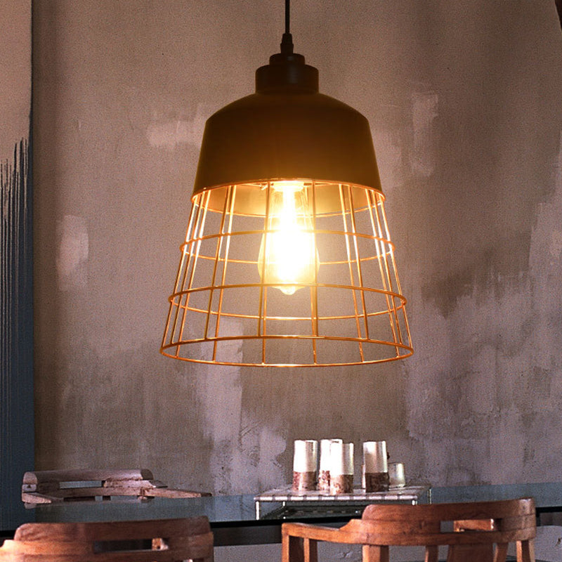 Cage Restaurant Hanging Ceiling Light Warehouse Style Iron 1-Light Black Suspension Light Black Badminton Clearhalo 'Art Deco Pendants' 'Black' 'Cast Iron' 'Ceiling Lights' 'Ceramic' 'Crystal' 'Industrial Pendants' 'Industrial' 'Metal' 'Middle Century Pendants' 'Pendant Lights' 'Pendants' 'Rustic Pendants' 'Tiffany' Lighting' 2409116