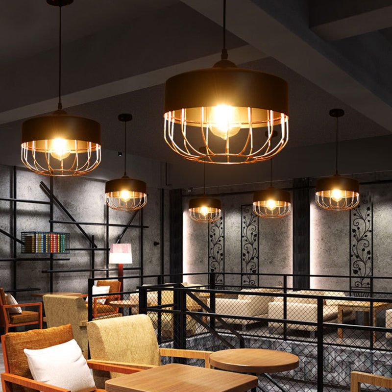Cage Restaurant Hanging Ceiling Light Warehouse Style Iron 1-Light Black Suspension Light Black Cylinder Clearhalo 'Art Deco Pendants' 'Black' 'Cast Iron' 'Ceiling Lights' 'Ceramic' 'Crystal' 'Industrial Pendants' 'Industrial' 'Metal' 'Middle Century Pendants' 'Pendant Lights' 'Pendants' 'Rustic Pendants' 'Tiffany' Lighting' 2409118