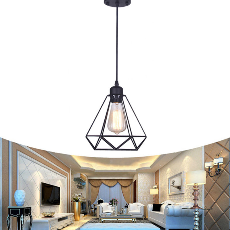 Black Diamond Cage Pendant Lamp Retro Iron 1 Head Bedroom Suspension Light Fixture Black Clearhalo 'Art Deco Pendants' 'Black' 'Cast Iron' 'Ceiling Lights' 'Ceramic' 'Crystal' 'Industrial Pendants' 'Industrial' 'Metal' 'Middle Century Pendants' 'Pendant Lights' 'Pendants' 'Rustic Pendants' 'Tiffany' Lighting' 2409130