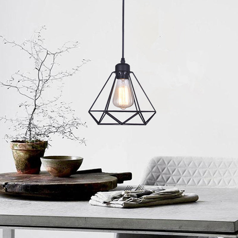 Black Diamond Cage Pendant Lamp Retro Iron 1 Head Bedroom Suspension Light Fixture Clearhalo 'Art Deco Pendants' 'Black' 'Cast Iron' 'Ceiling Lights' 'Ceramic' 'Crystal' 'Industrial Pendants' 'Industrial' 'Metal' 'Middle Century Pendants' 'Pendant Lights' 'Pendants' 'Rustic Pendants' 'Tiffany' Lighting' 2409132