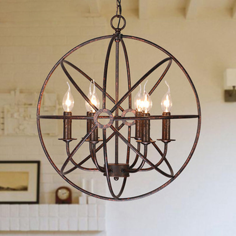 6 Bulbs Wrought Iron Chandelier Industrial Orbit Globe Restaurant Pendant Light Fixture Rust Clearhalo 'Cast Iron' 'Ceiling Lights' 'Chandeliers' 'Industrial Chandeliers' 'Industrial' 'Metal' 'Middle Century Chandeliers' 'Rustic Chandeliers' 'Tiffany' Lighting' 2409155