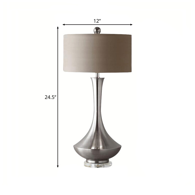 Grey/Black Cylinder Study Lamp Traditionary Fabric 1 Head Reading Book Light with Silver/Gold Jar Base Clearhalo 'Lamps' 'Table Lamps' Lighting' 241243