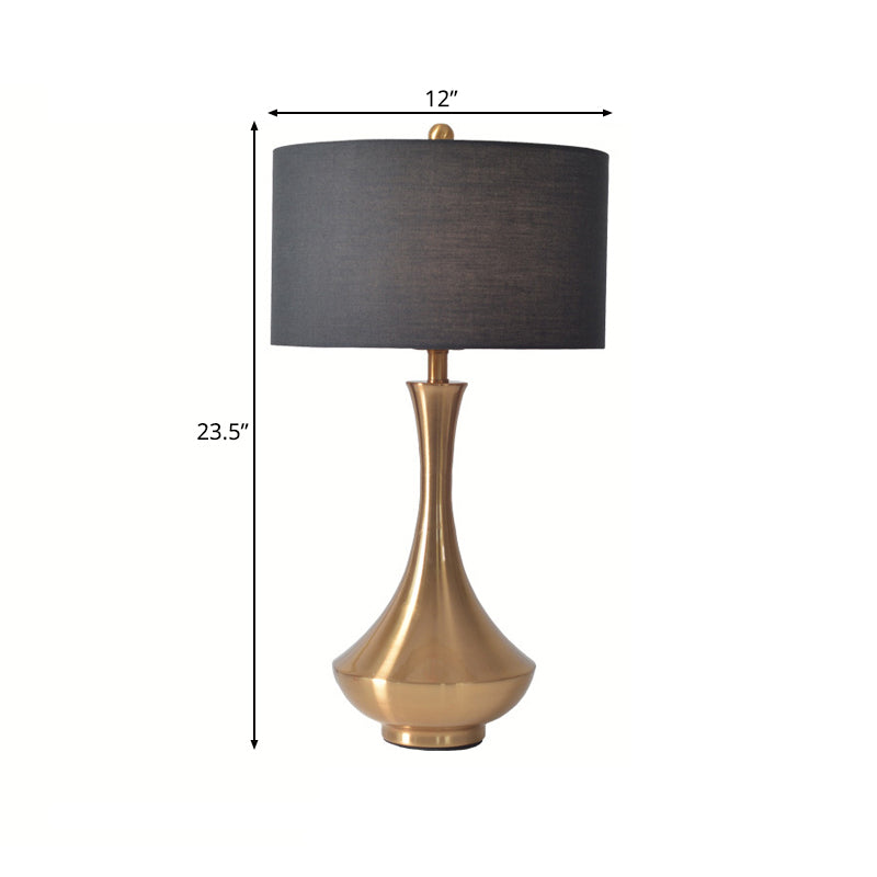 Grey/Black Cylinder Study Lamp Traditionary Fabric 1 Head Reading Book Light with Silver/Gold Jar Base Clearhalo 'Lamps' 'Table Lamps' Lighting' 241247