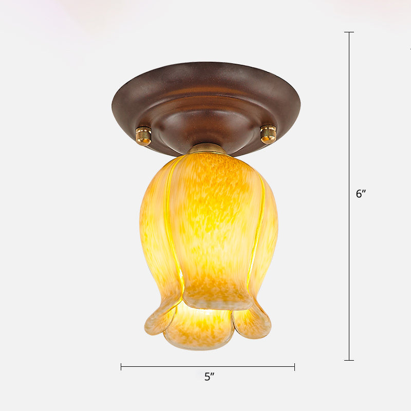 Flower Small Aisle Ceiling Light Fixture Pastoral Glass 1-Bulb Coffee Finish Semi Flush Light Yellow Clearhalo 'Ceiling Lights' 'Close To Ceiling Lights' 'Close to ceiling' 'Semi-flushmount' Lighting' 2415187
