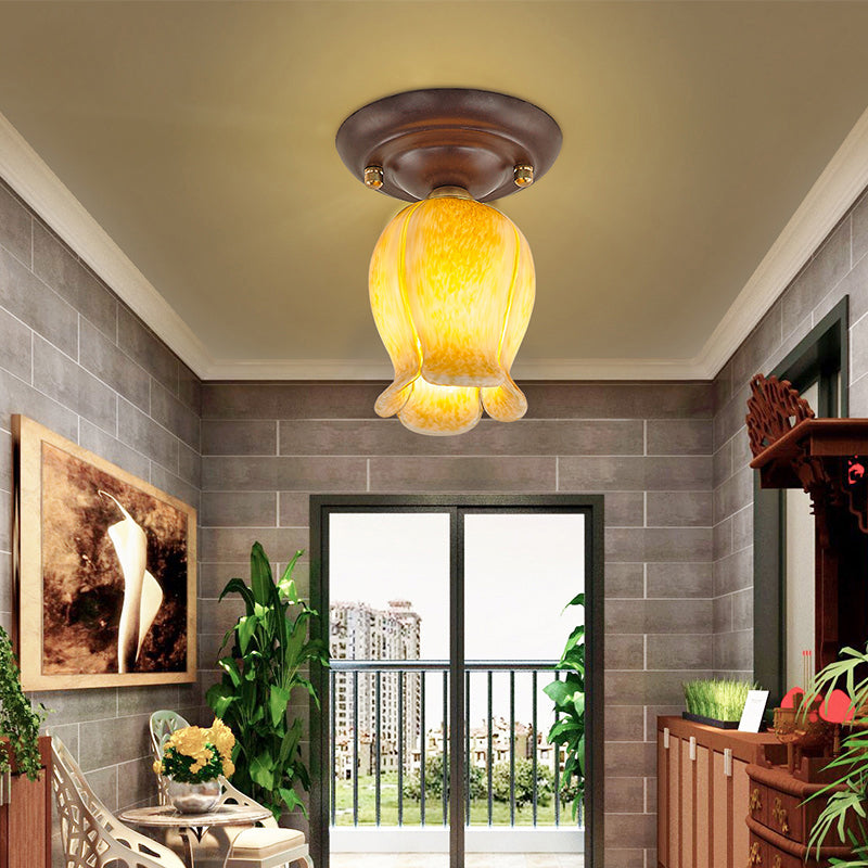 Flower Small Aisle Ceiling Light Fixture Pastoral Glass 1-Bulb Coffee Finish Semi Flush Light Clearhalo 'Ceiling Lights' 'Close To Ceiling Lights' 'Close to ceiling' 'Semi-flushmount' Lighting' 2415191