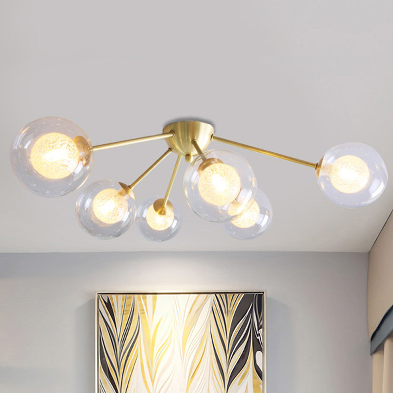 Modern Global Semi Flush Mount Clear/Amber/Smoke Glass 3/6 Lights Led Bedroom Semi Flush Mount Light Fixture in Gold 6 Clear Clearhalo 'Ceiling Lights' 'Close To Ceiling Lights' 'Close to ceiling' 'Glass shade' 'Glass' 'Semi-flushmount' Lighting' 241528