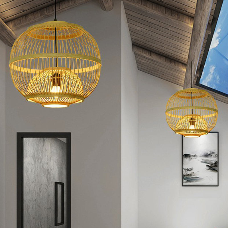 Wood Handcrafted Cage Pendant Light Asian 1 Head Bamboo Drop Lamp for Dining Room Clearhalo 'Ceiling Lights' 'Modern Pendants' 'Modern' 'Pendant Lights' 'Pendants' Lighting' 2415336