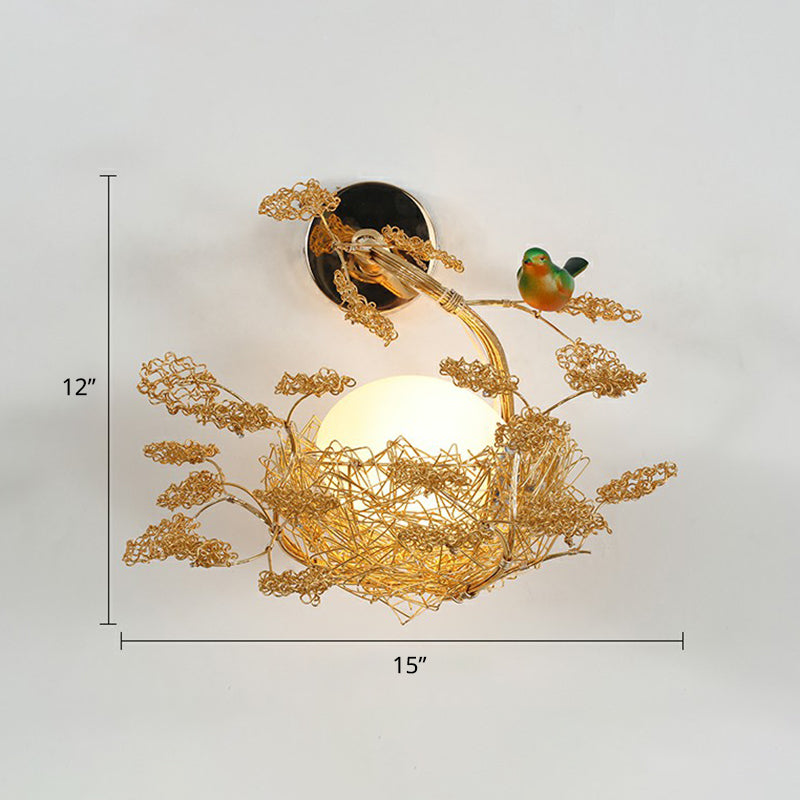 Egg Shaped Wall Lamp Decorative White Glass 1 Head Bedroom Sconce Light with Aluminum Wire Nest in Gold Gold Third Gear Bird Clearhalo 'Art deco wall lights' 'Cast Iron' 'Glass' 'Industrial wall lights' 'Industrial' 'Middle century wall lights' 'Modern' 'Rustic wall lights' 'Tiffany' 'Traditional wall lights' 'Wall Lamps & Sconces' 'Wall Lights' Lighting' 2415587