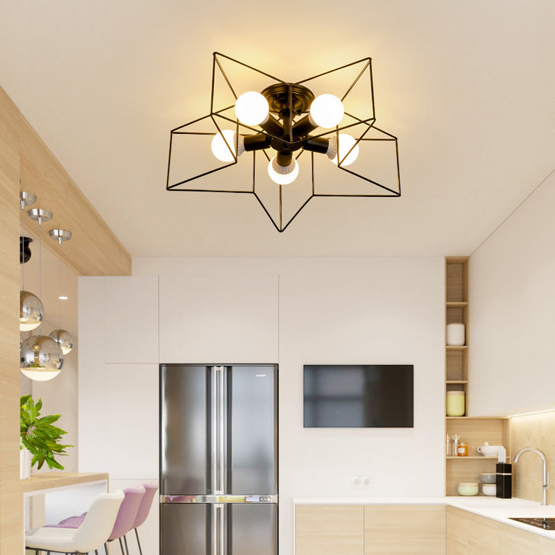 Star Shaped Bedroom Semi Flush Mount Lamp Vintage Metal 5 Bulbs Ceiling Light Fixture Clearhalo 'Ceiling Lights' 'Close To Ceiling Lights' 'Close to ceiling' 'Semi-flushmount' Lighting' 2415682
