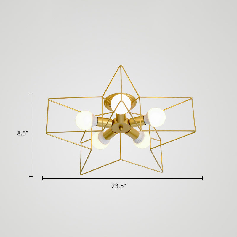 Star Shaped Bedroom Semi Flush Mount Lamp Vintage Metal 5 Bulbs Ceiling Light Fixture 5 Gold Clearhalo 'Ceiling Lights' 'Close To Ceiling Lights' 'Close to ceiling' 'Semi-flushmount' Lighting' 2415689