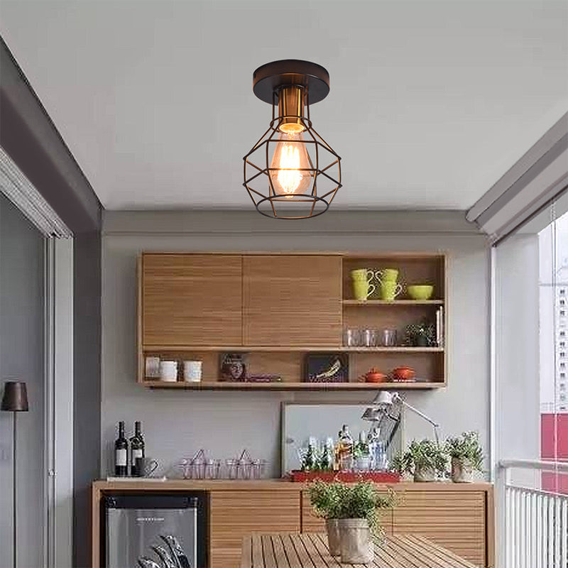 1-Light Semi Flush Mount Industrial Balcony Ceiling Mounted Light with Ball Shaped Metal Cage in Black Clearhalo 'Ceiling Lights' 'Close To Ceiling Lights' 'Close to ceiling' 'Semi-flushmount' Lighting' 2415696