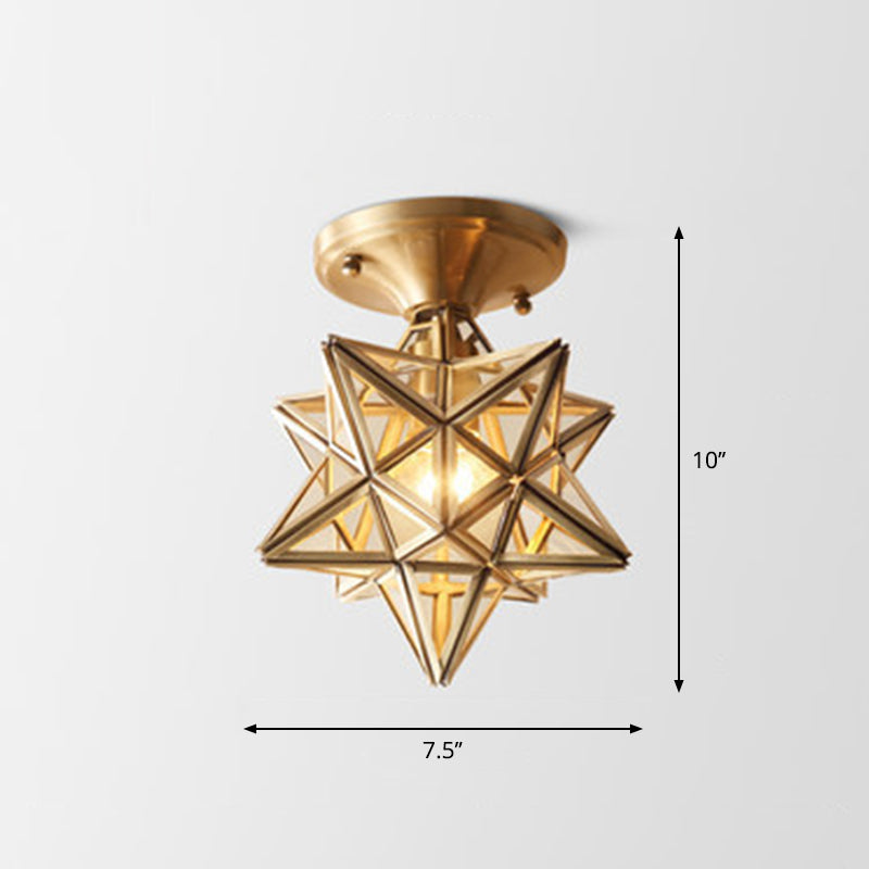 Colonial Style Geometric Ceiling Lamp 1 Bulb Transparent Glass Semi Flush Light in Brass Clearhalo 'Ceiling Lights' 'Close To Ceiling Lights' 'Close to ceiling' 'Semi-flushmount' Lighting' 2415816