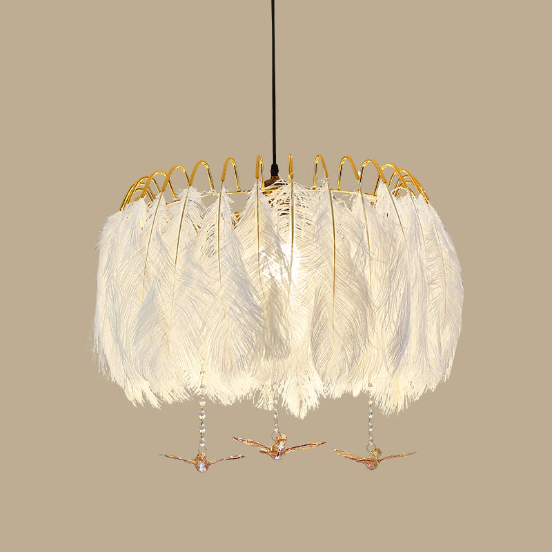 Round Feather Hanging Lamp Postmodern White Chandelier Light Fixture for Living Room White 23.5" with Crystal Clearhalo 'Ceiling Lights' 'Chandeliers' 'Modern Chandeliers' 'Modern' Lighting' 2415909