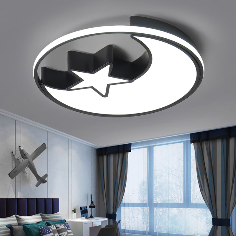 Kids LED Flush Mounted Lamp Black Crescent and Star Ceiling Lighting with Acrylic Shade Black 20.5" Clearhalo 'Ceiling Lights' 'Close To Ceiling Lights' 'Close to ceiling' 'Flush mount' Lighting' 2422892