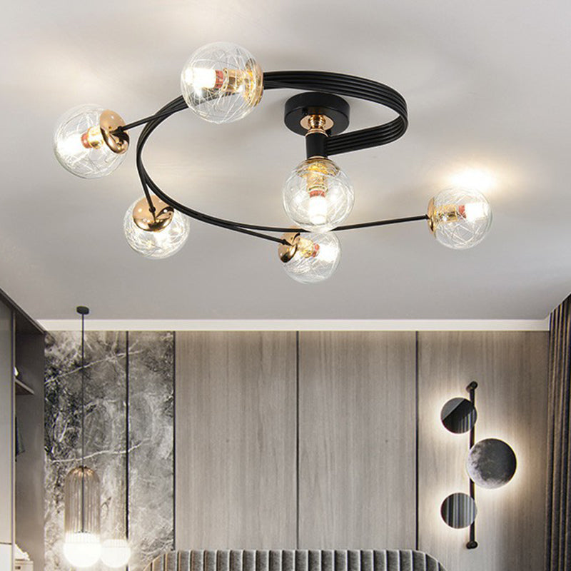 Glass Sphere Semi Flush Light Simple Style Black Ceiling Mount Lamp with Spiral Design Clearhalo 'Ceiling Lights' 'Close To Ceiling Lights' 'Close to ceiling' 'Semi-flushmount' Lighting' 2423008
