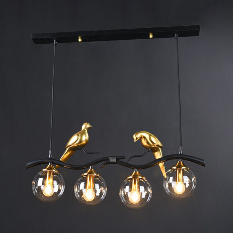 Minimalist Branch Island Lighting Metal 4-Light Dining Room Pendant Light with Ball Glass Shade and Bird Deco Black Clear Clearhalo 'Ceiling Lights' 'Island Lights' Lighting' 2423081