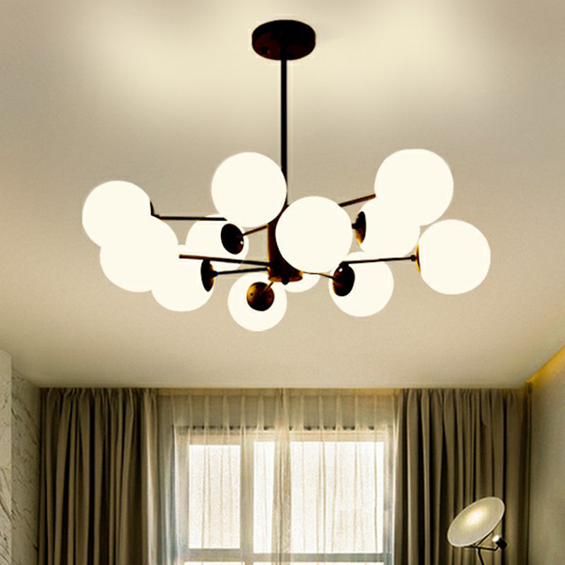 Black Burst Hanging Lamp Modern Metal Chandelier with Ball Opaline Glass Shade for Bedroom Clearhalo 'Ceiling Lights' 'Chandeliers' 'Modern Chandeliers' 'Modern' Lighting' 2423096