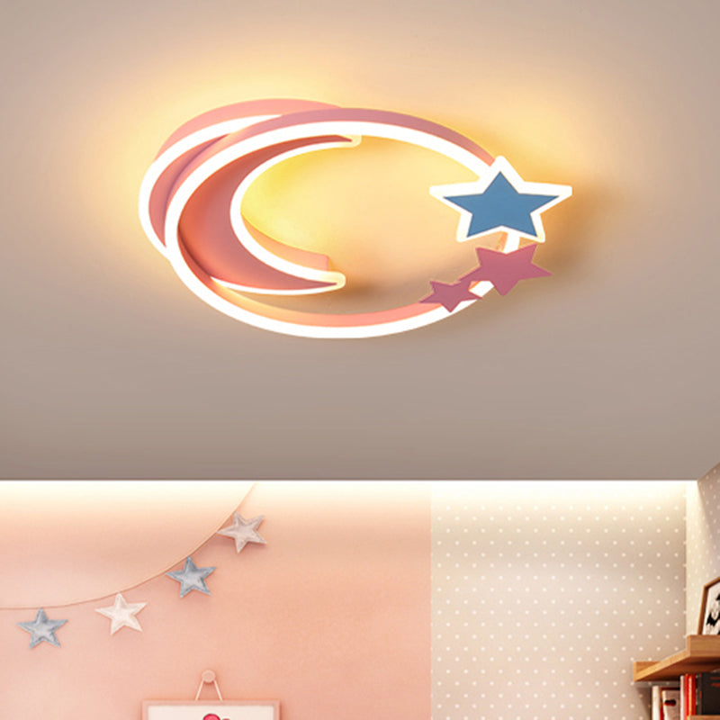 Cartoon Crescent and Star Flushmount Aluminum Bedroom LED Flush Ceiling Light Fixture Pink 18.5" Warm Clearhalo 'Ceiling Lights' 'Close To Ceiling Lights' 'Close to ceiling' 'Flush mount' Lighting' 2423584