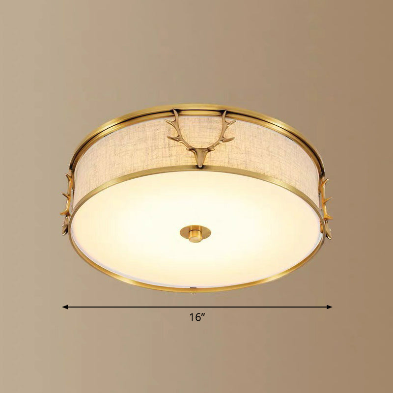Fabric Drum Flush Ceiling Light Nordic Style Flush Light with Decorative Antler for Foyer Brass 16" Clearhalo 'Ceiling Lights' 'Close To Ceiling Lights' 'Close to ceiling' 'Flush mount' Lighting' 2423777