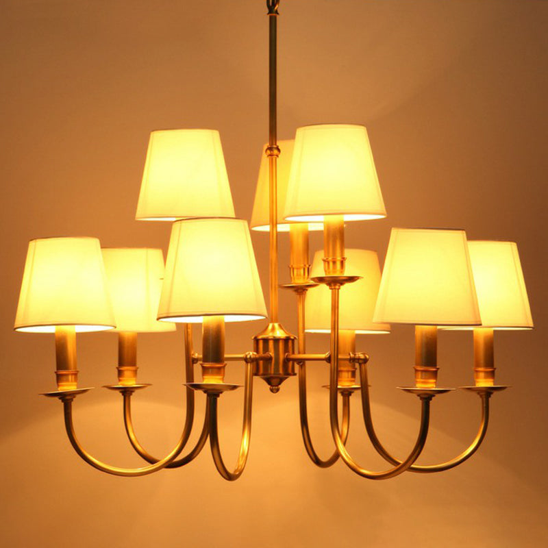 Modern Conic Shade Chandelier Fabric 9-Light Living Room Drop Lamp with Arched Arm in Brass Clearhalo 'Ceiling Lights' 'Chandeliers' 'Modern Chandeliers' 'Modern' Lighting' 2423798