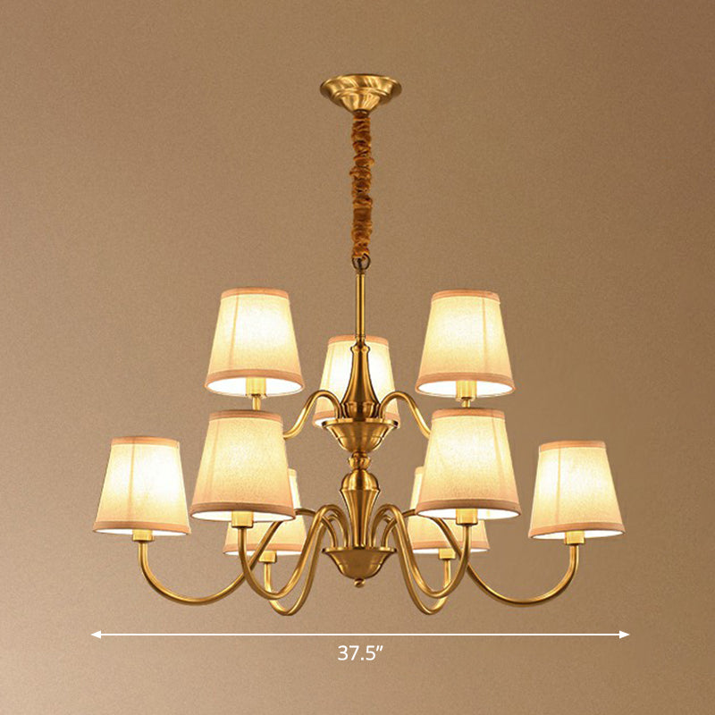 Curvy Arm Metal Chandelier Minimalistic Living Room Pendant Light in Brass with Cone Fabric Shade 9 Brass Clearhalo 'Ceiling Lights' 'Chandeliers' 'Modern Chandeliers' 'Modern' Lighting' 2423805