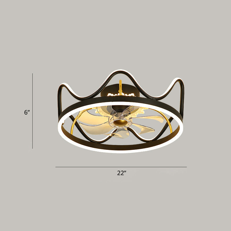 Metal Crown Shaped Ceiling Fan Light Childrens LED Semi Flush Mount Lighting with Remote Control Black 22