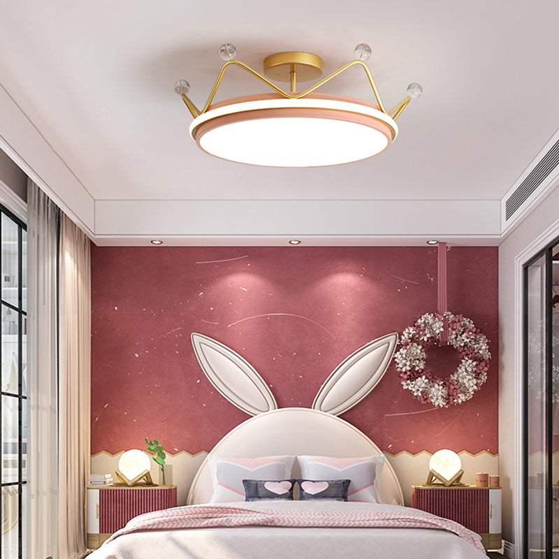 Crown Shaped Childrens Room Flush Ceiling Light Metal Cartoon LED Flush Mount Fixture Pink 23.5" Clearhalo 'Ceiling Lights' 'Close To Ceiling Lights' 'Close to ceiling' 'Semi-flushmount' Lighting' 2424262