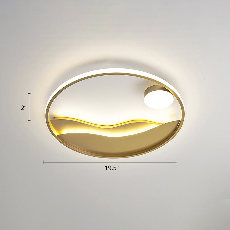 Sunrise and Sea Ceiling Light Artistic Metal Bedroom LED Flush Mount with Halo Ring Gold 19.5" Remote Control Stepless Dimming Clearhalo 'Ceiling Lights' 'Close To Ceiling Lights' 'Close to ceiling' 'Flush mount' Lighting' 2424316