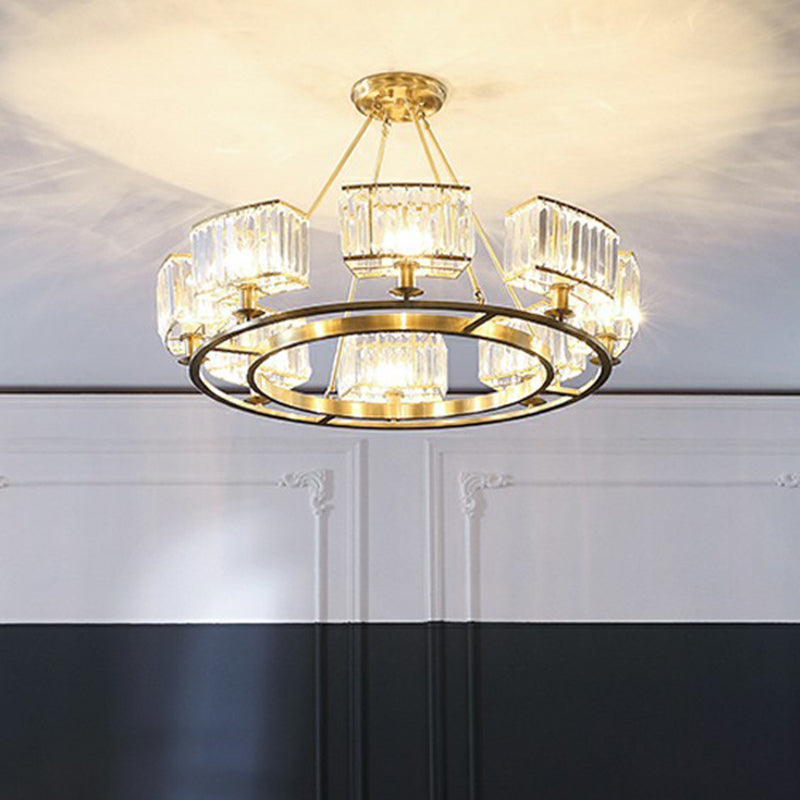 Gold Finish Circular Up Chandelier Minimalist Crystal Block Ceiling Suspension Lamp for Living Room Clearhalo 'Ceiling Lights' 'Chandeliers' 'Modern Chandeliers' 'Modern' Lighting' 2424417