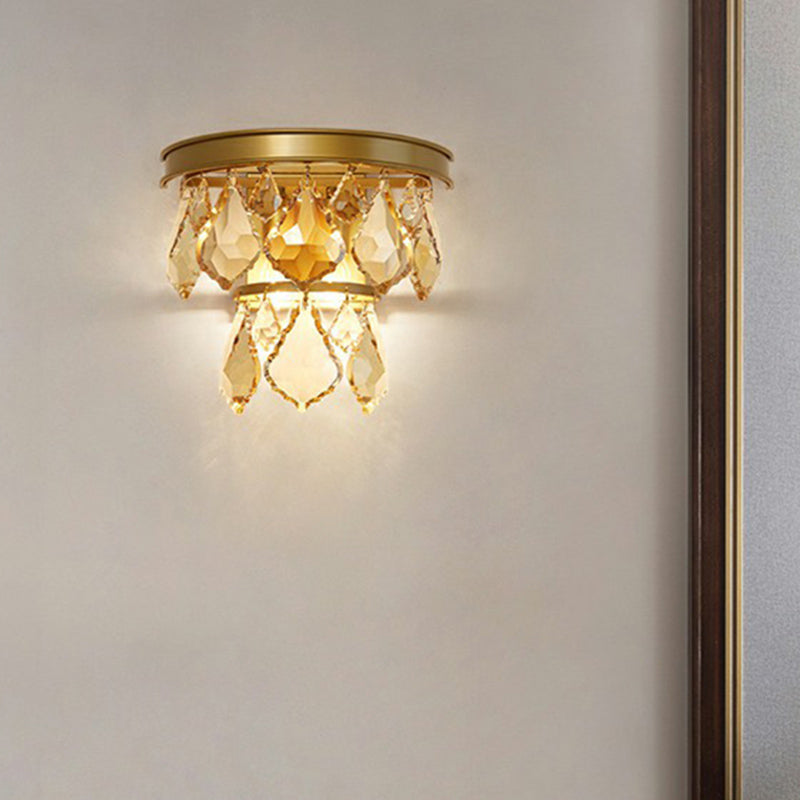 Postmodern Tiered Sconce Light Cut-Crystal 2 Bulbs Bedside Wall Mount Light Fixture Clearhalo 'Cast Iron' 'Glass' 'Industrial' 'Modern wall lights' 'Modern' 'Tiffany' 'Traditional wall lights' 'Wall Lamps & Sconces' 'Wall Lights' Lighting' 2424502